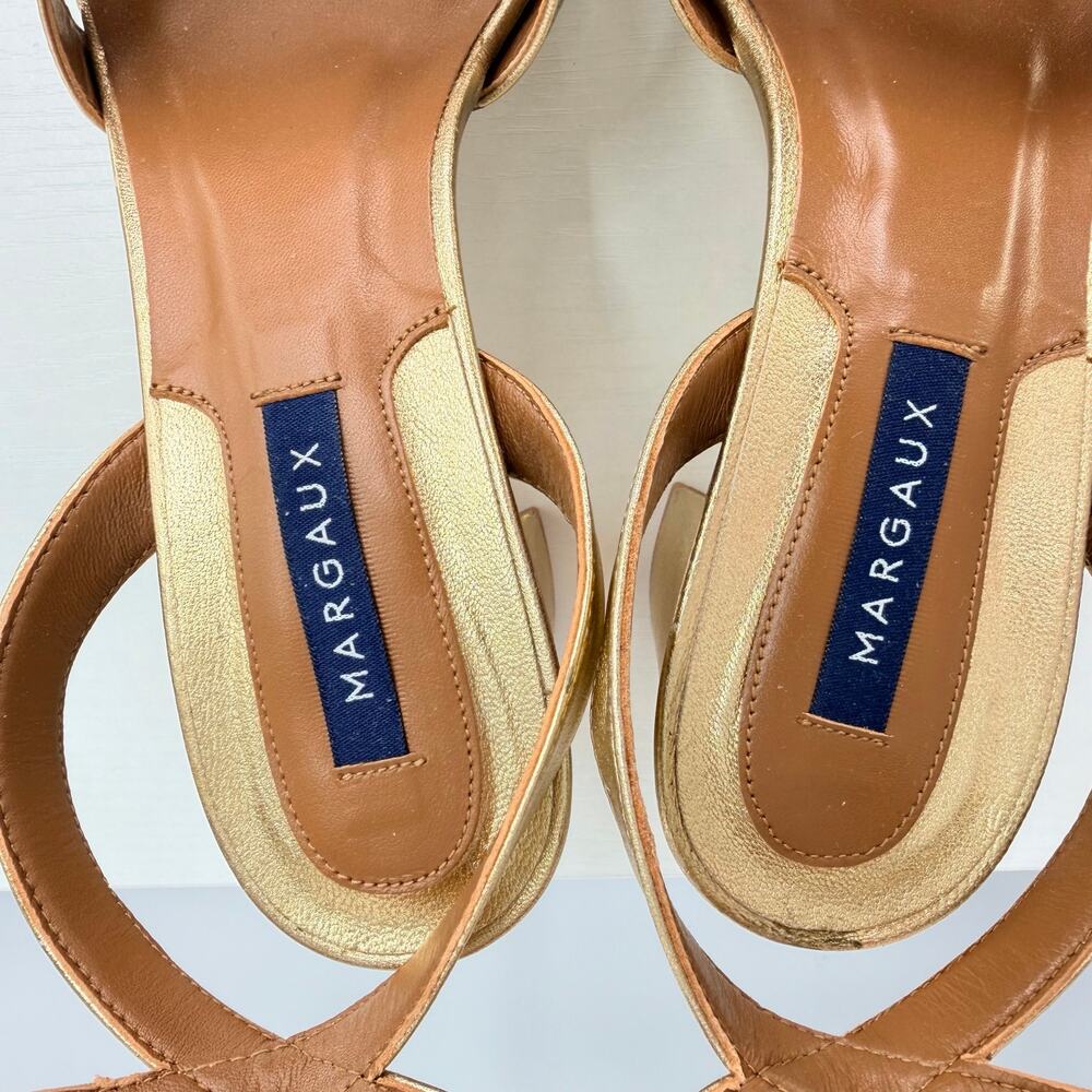 Margaux Gold Nappa Leather Platform Sandals Size 37.5 Block Heel Ankle Strap - Picture 11 of 16